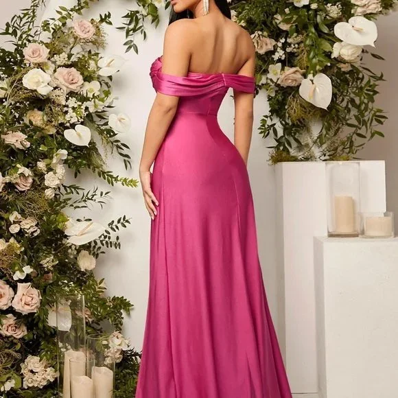 Pink Preppy Womens Off Shoulder Ruched Split Thigh Bridesmaid maxi Dress - Picture 3 of 5